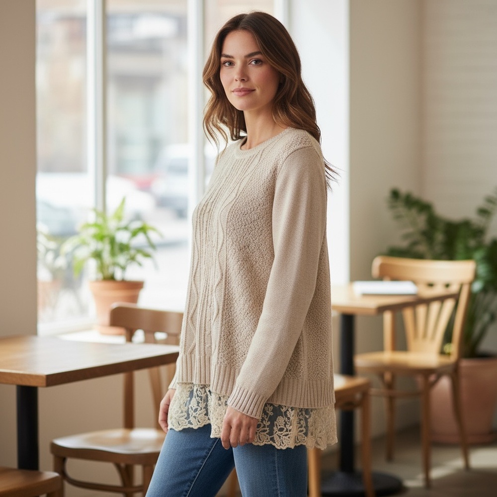 M.STUDIO Cream Cable Knit Sweater
